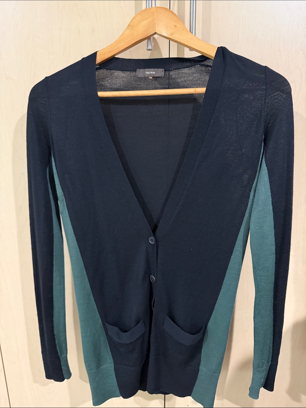 Vera Wang Navy and Teal Slim V-Neck Cardigan